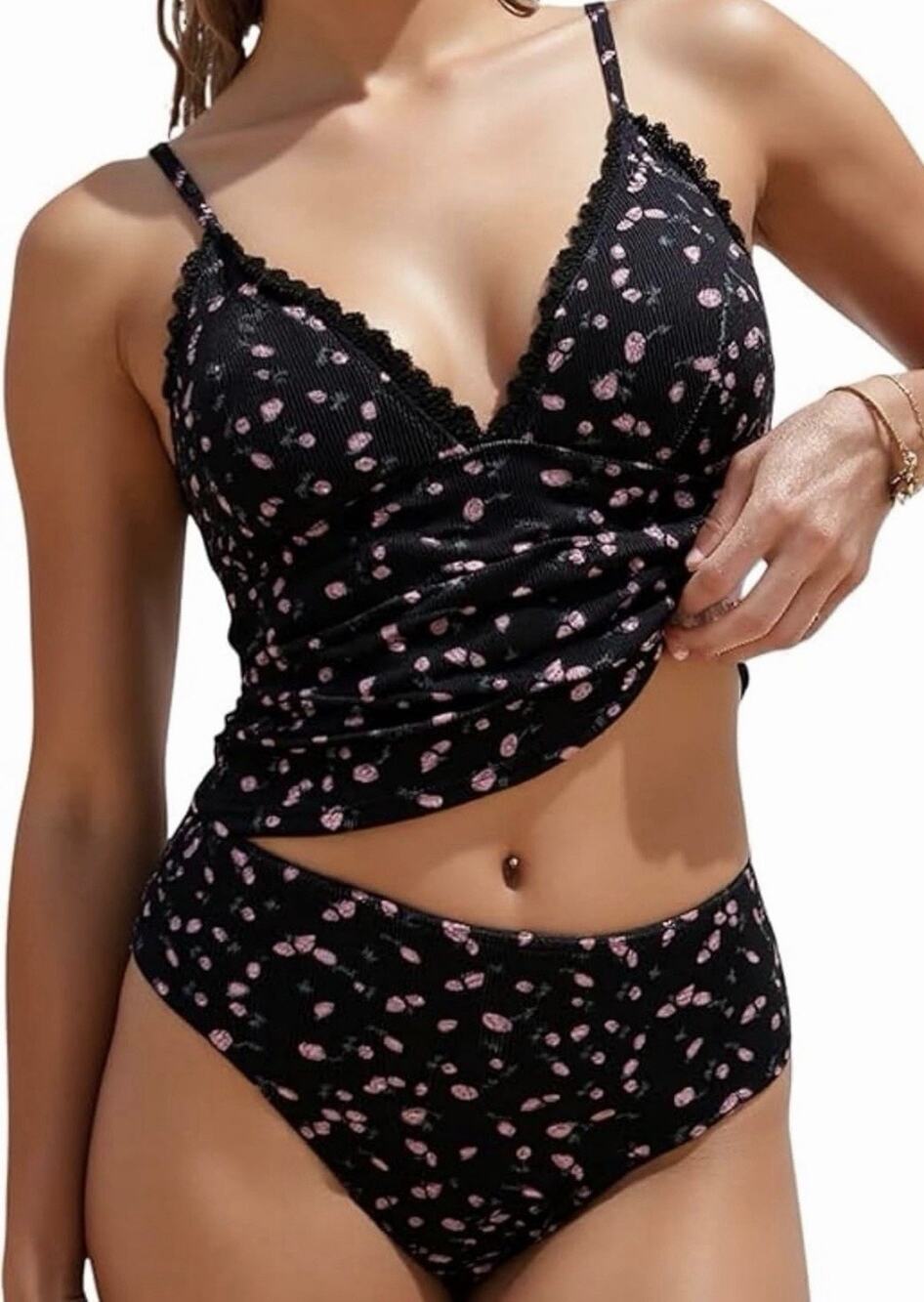 ZAFUL Women's Spaghetti Strap Tankini Swimsuits V Neck Tummy Control Floral M